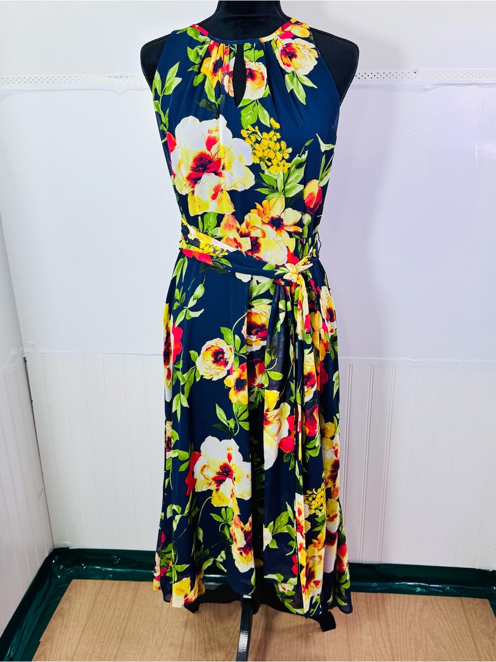 Leslie Fay Floral Maxi Dress Sz 6 Navy Keyhole Waist Tie Summer Elegant